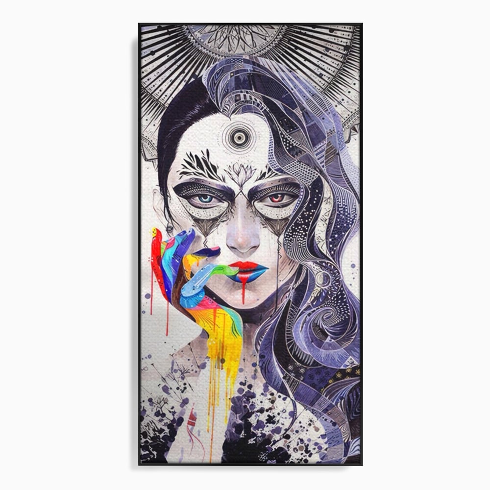 Tablou canvas cu tablou canvas cu portret abstract feminin, in rama de aluminiu negru